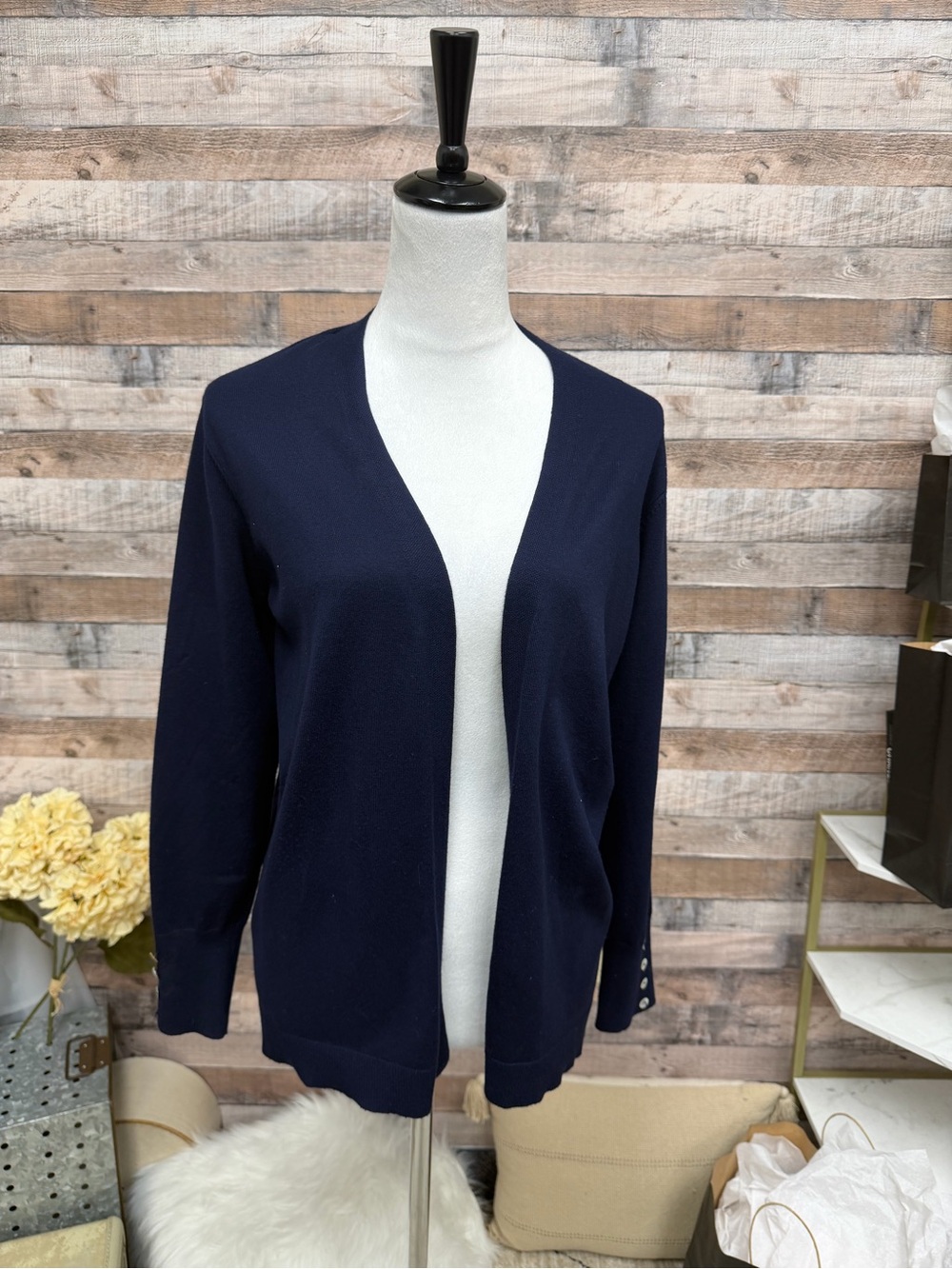 Cyrus Navy Open-Front Cardigan with Button Cuffs